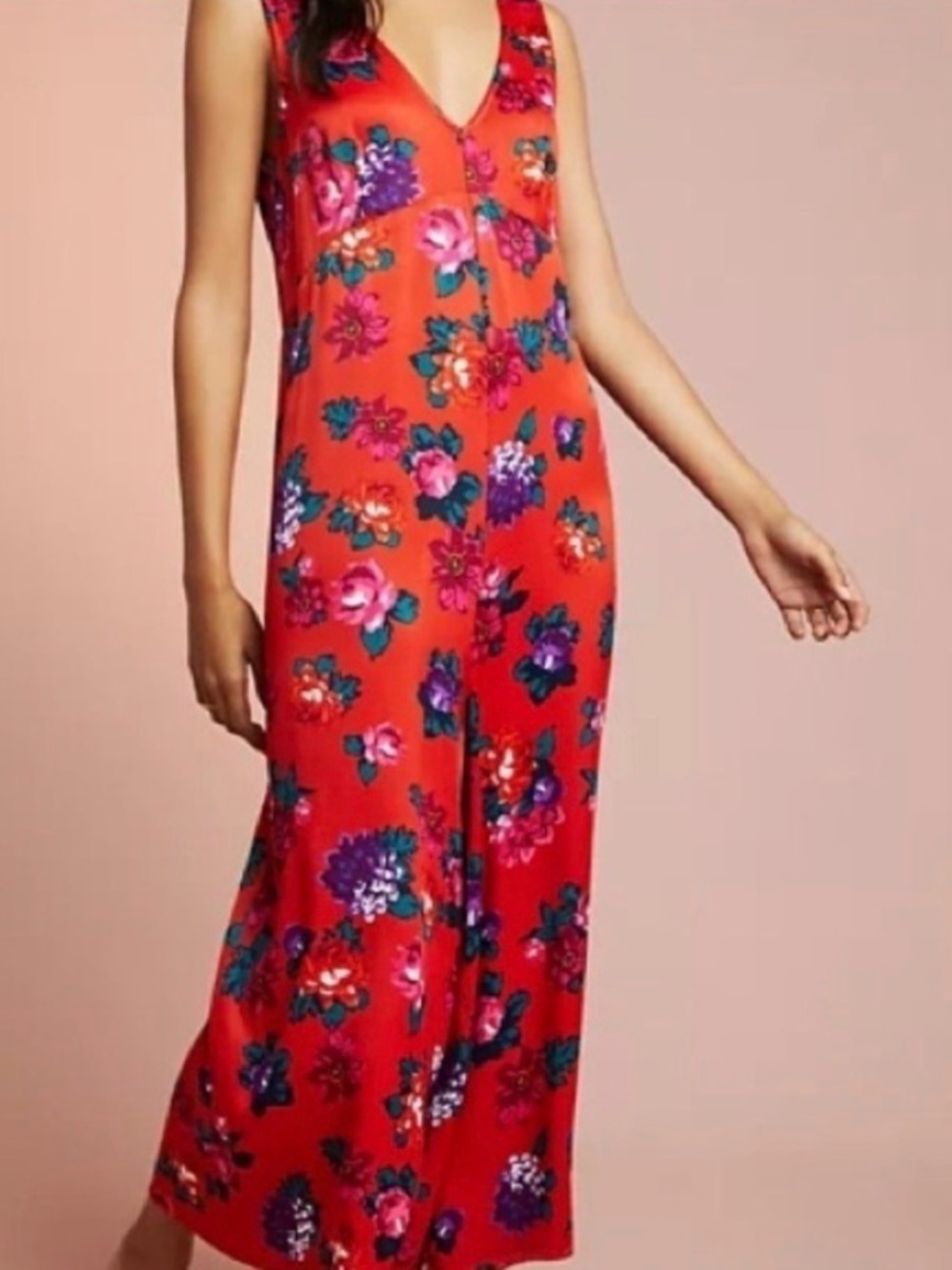 Anthropologie Red Floral V-Neck Jumpsuit